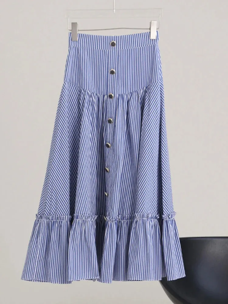 Striped Midi Skirts For Women High Waist Patchwork Colorblock Loose Long Skirts Female Summer Fashion Clothing