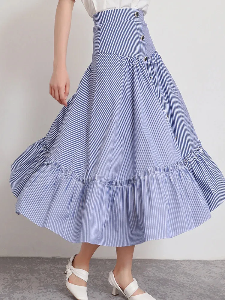 Striped Midi Skirts For Women High Waist Patchwork Colorblock Loose Long Skirts Female Summer Fashion Clothing