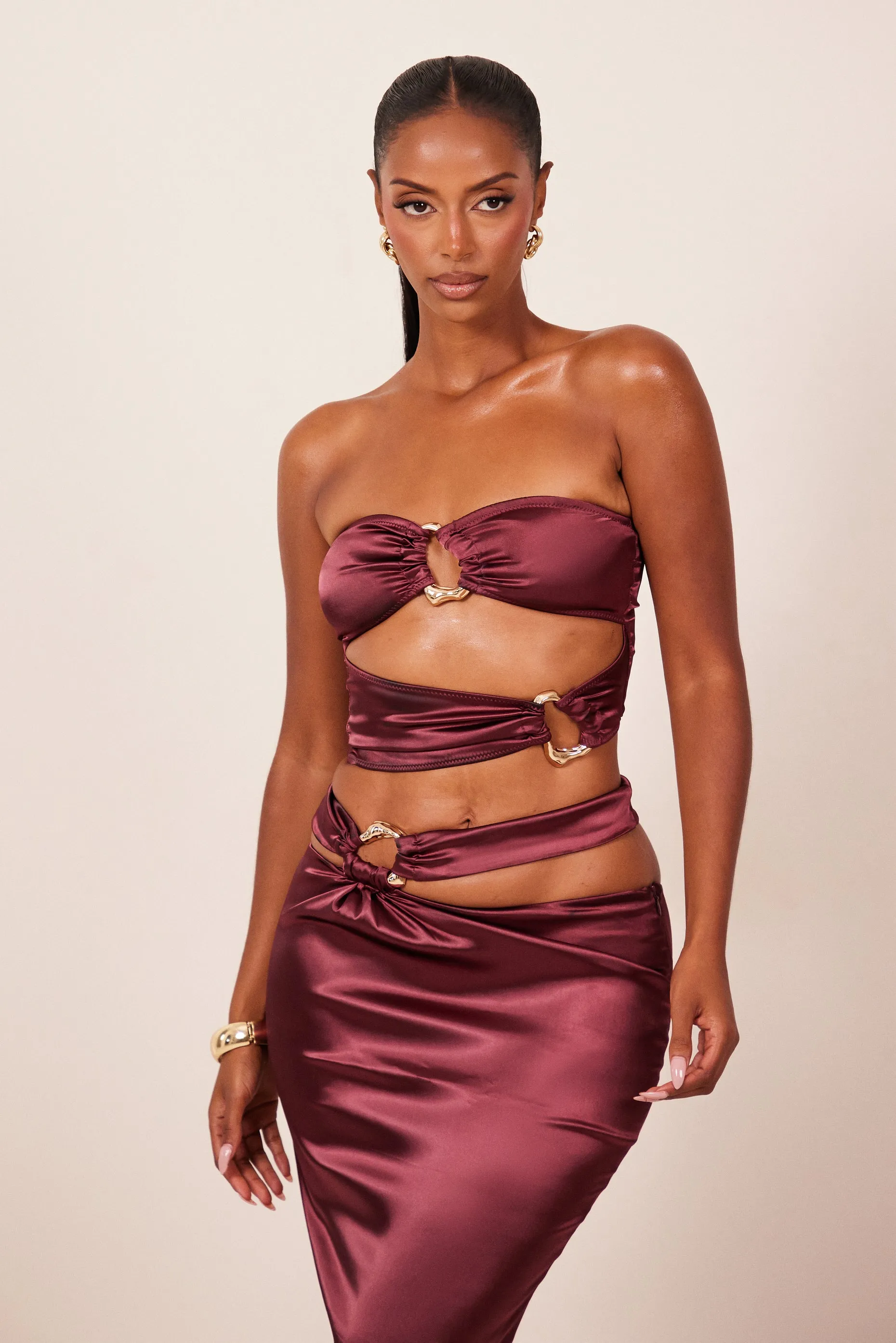 The Plated Satin bandeau maxi set- Wine