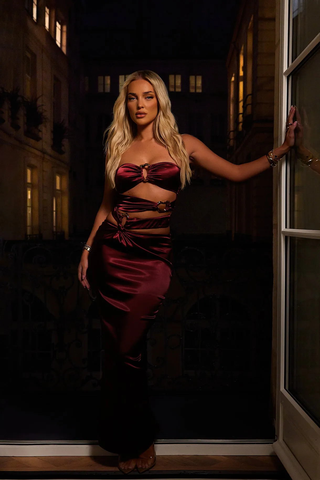 The Plated Satin bandeau maxi set- Wine