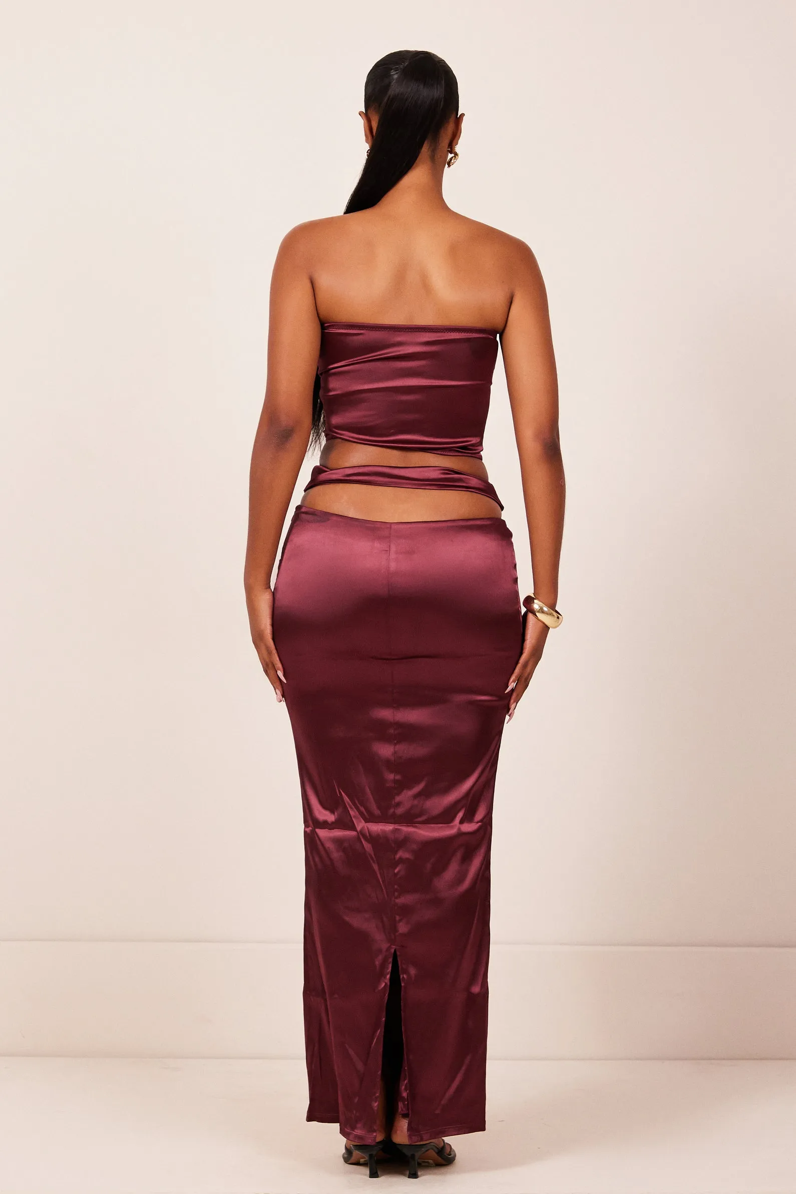 The Plated Satin bandeau maxi set- Wine