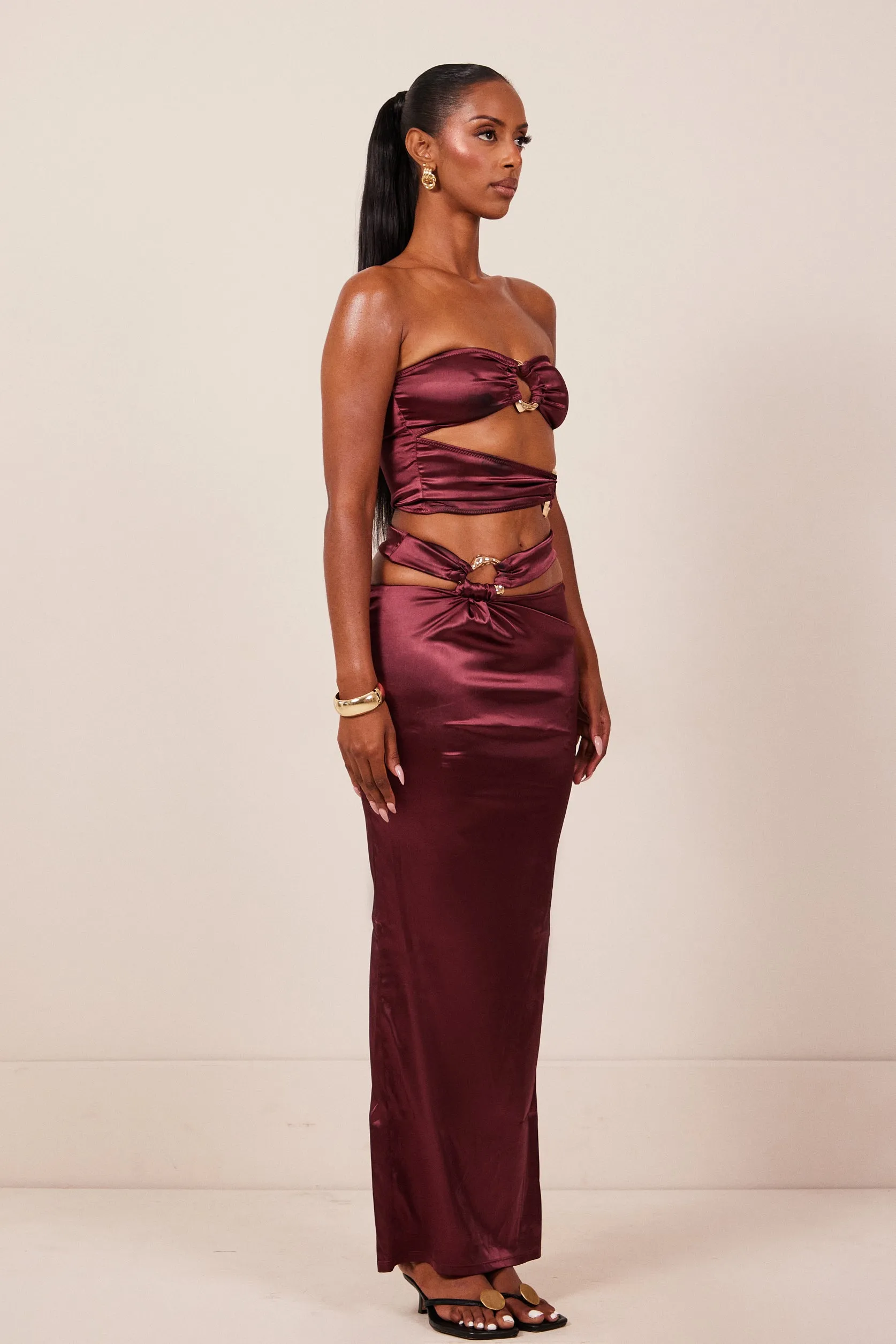 The Plated Satin bandeau maxi set- Wine