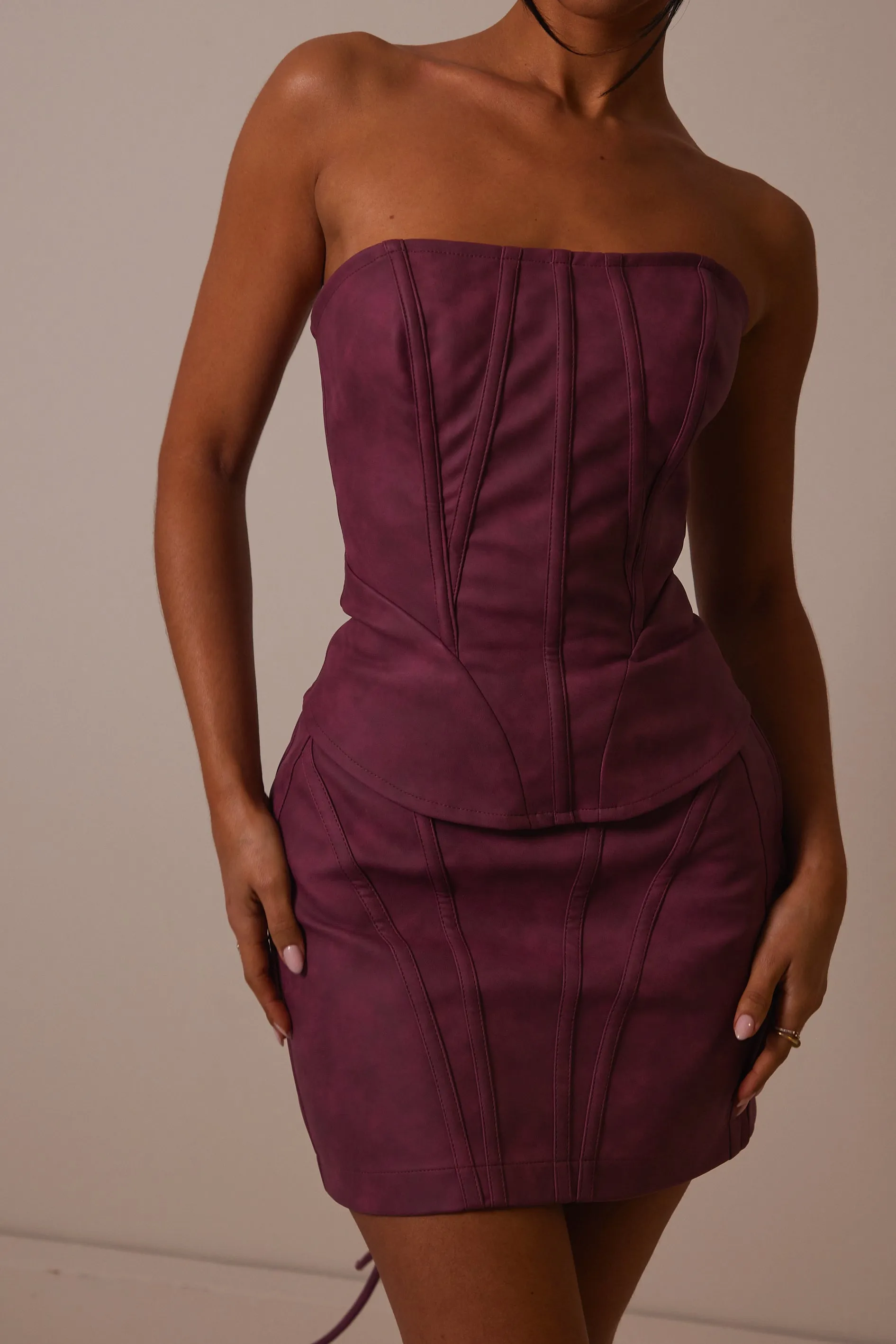 The washed panel leather skirt- washed purple