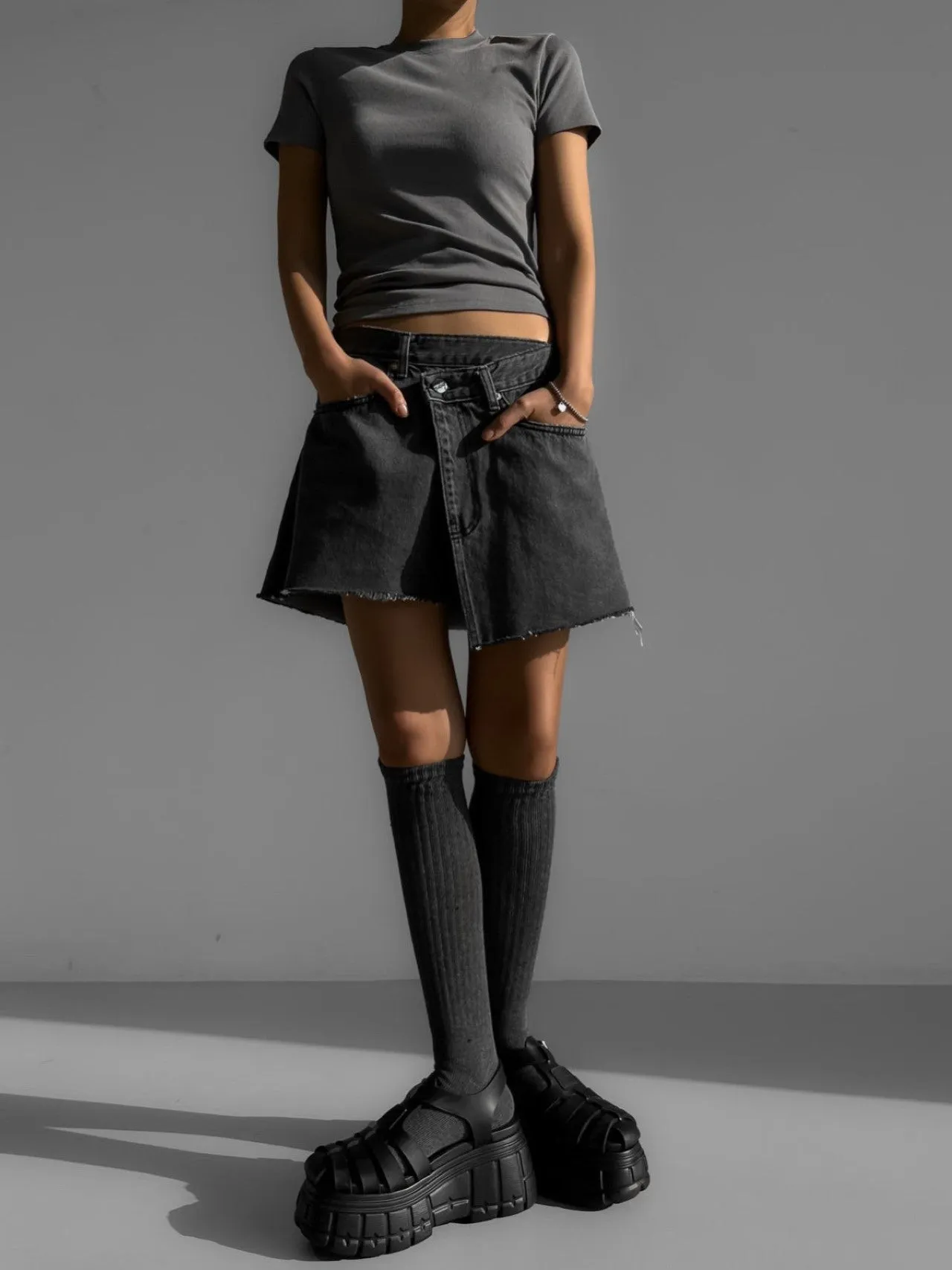 UNBALANCED WRAP DENIM SKIRT