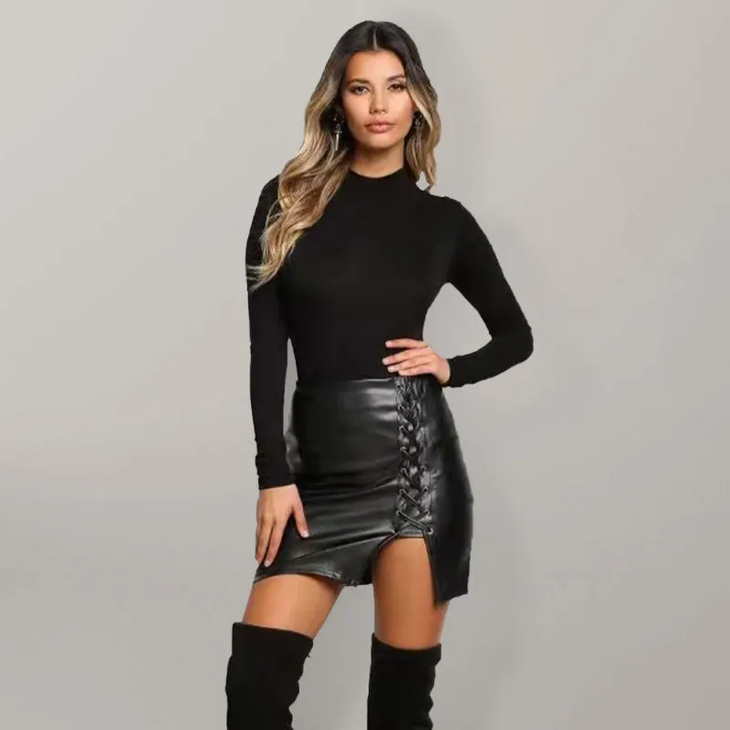 Women’s Lace Up Slit Faux Leather Mini Skirt
