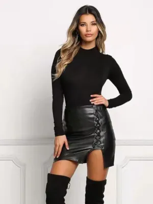 Women’s Lace Up Slit Faux Leather Mini Skirt