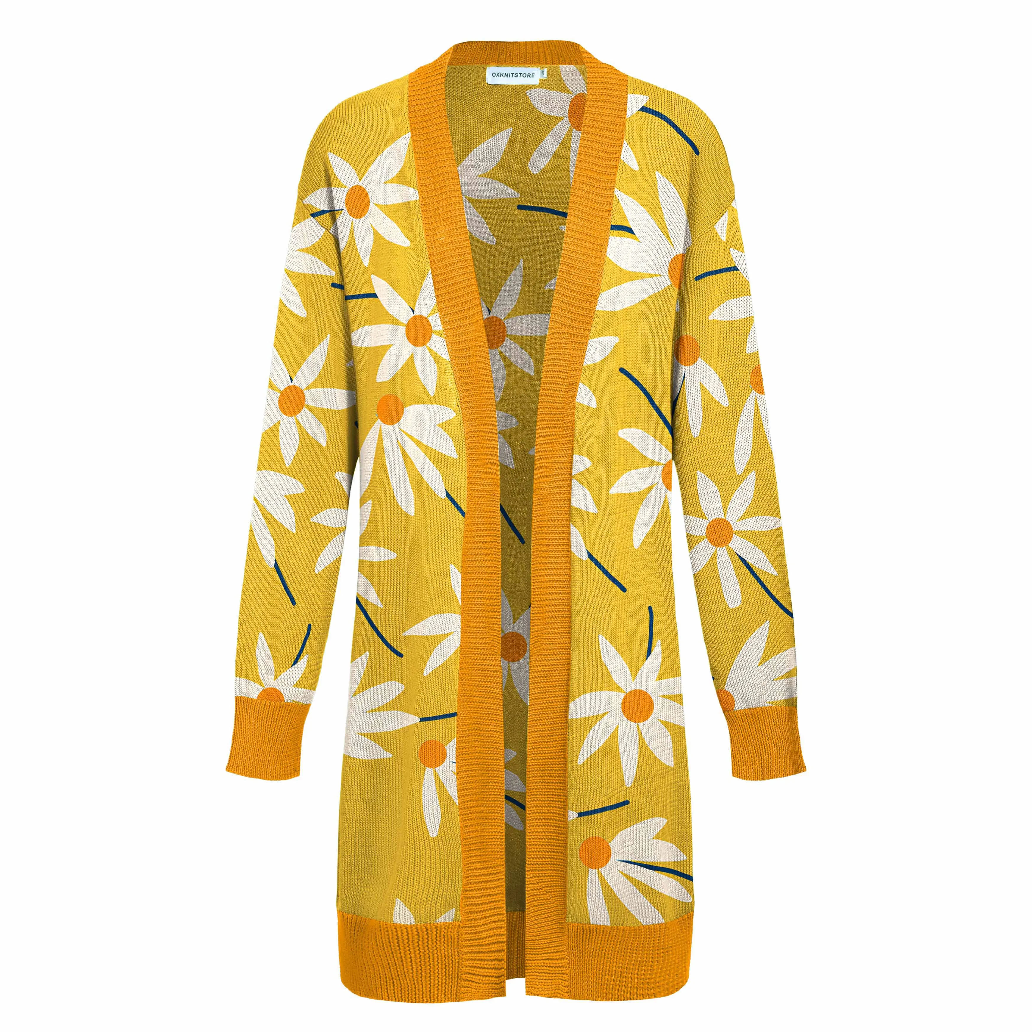 Women's yellow sunflower cardigan long knit top